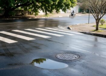 Asfalto molhado com faixa de pedestres, poça e tampa de bueiro, com moto ao longe
