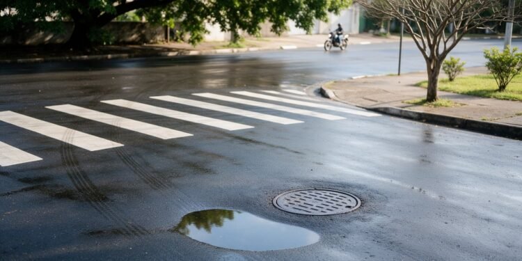 Asfalto molhado com faixa de pedestres, poça e tampa de bueiro, com moto ao longe