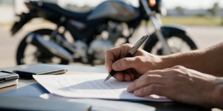 Mãos assinando um contrato com a moto ao fundo, ideia de conferir se a associação de proteção veicular é confiável