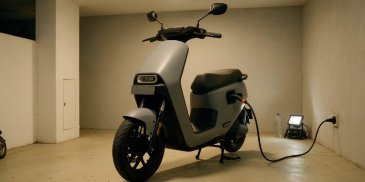 Scooter elétrica carregando em ambiente fechado, autonomia e custo de recarga da moto elétrica