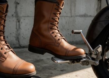 Botas de motociclista de cano alto ao lado do pedal de uma moto
