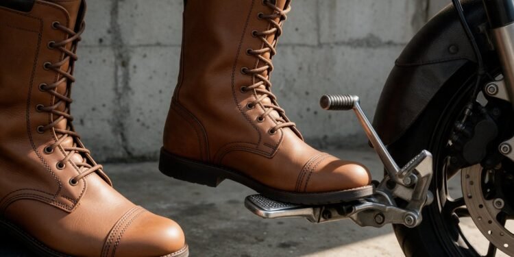 Botas de motociclista de cano alto ao lado do pedal de uma moto