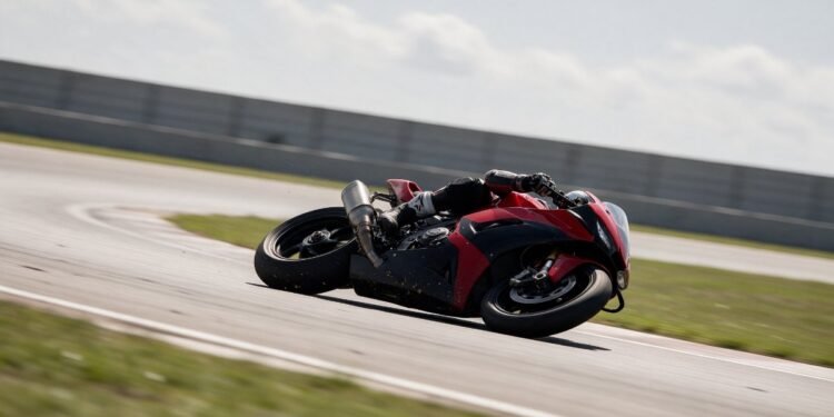Moto de corrida inclinada em curva de autódromo, calendário MotoGP 2026