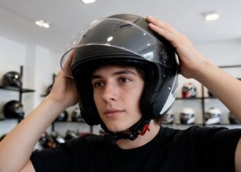 Mulher colocando capacete na cabeça, capacete feminino