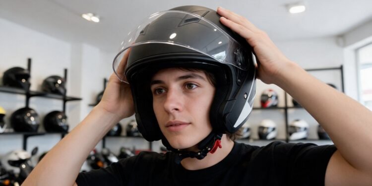 Mulher colocando capacete na cabeça, capacete feminino