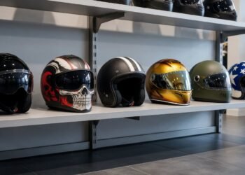 Capacetes de estilos variados em prateleira, capacete importado ou nacional