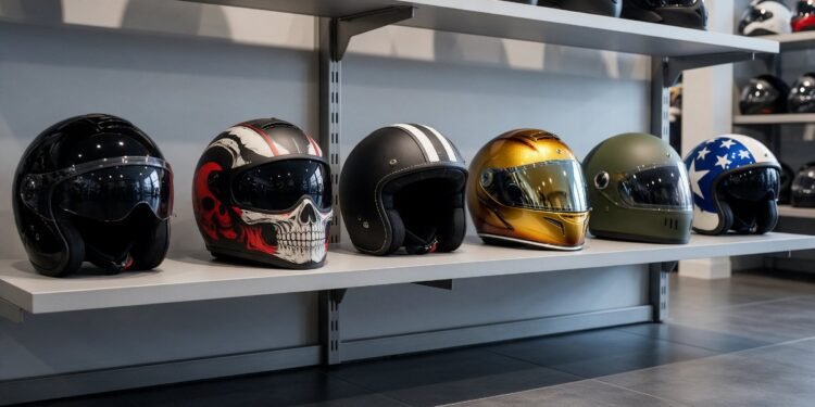 Capacetes de estilos variados em prateleira, capacete importado ou nacional