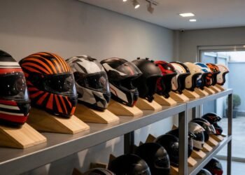 Prateleira de loja com capacetes de moto, capacete Inmetro