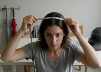 Mulher medindo a cabeça com fita métrica, capacete para cabeça grande ou pequena
