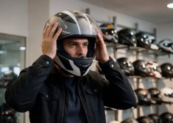 Homem ajustando capacete integral em loja, capacete para calor