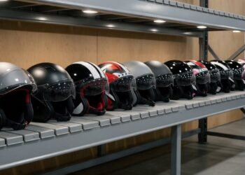 Capacetes de moto alinhados em prateleira, capacete para motoboy e entregador