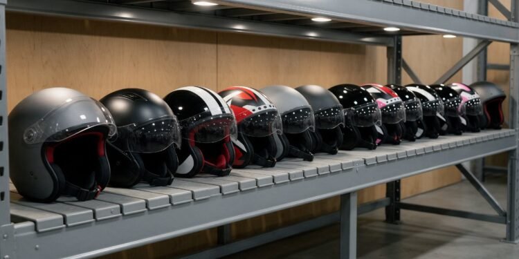 Capacetes de moto alinhados em prateleira, capacete para motoboy e entregador