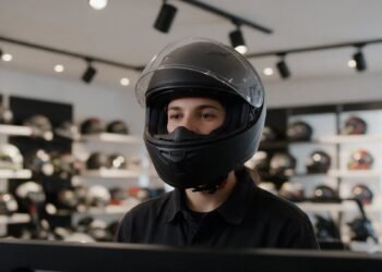 Pessoa com capacete integral em loja, capacete para viagem