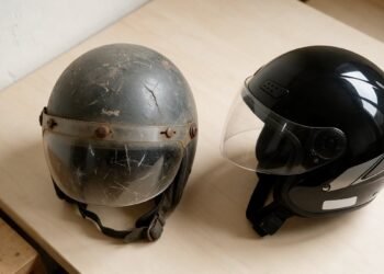 Capacete antigo riscado ao lado de um novo, capacete que caiu precisa trocar