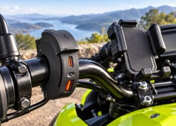 Carregador USB de 48 W instalado no guidão de moto verde