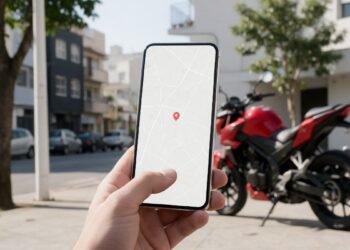Celular com mapa e moto estacionada, cerca virtual e alertas do rastreador de moto