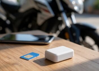 Rastreador e cartão de chip sobre mesa, chip e plano de dados para rastreador de moto