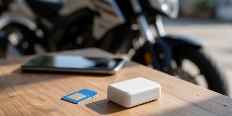 Rastreador e cartão de chip sobre mesa, chip e plano de dados para rastreador de moto