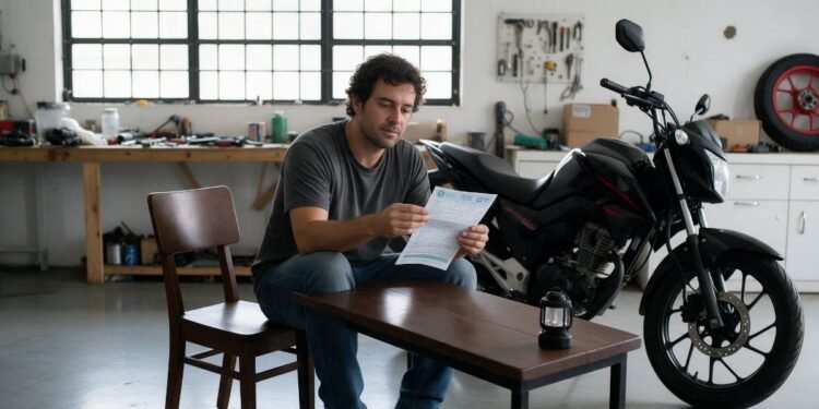 Motociclista analisando as coberturas do seguro de moto