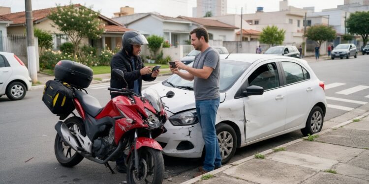 Motociclista e motorista fotografando danos, como acionar a RCF após acidente de moto