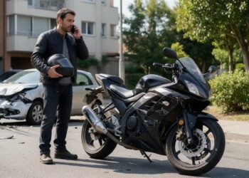 Motociclista ao telefone ao lado da moto após um acidente, acionando o seguro de moto