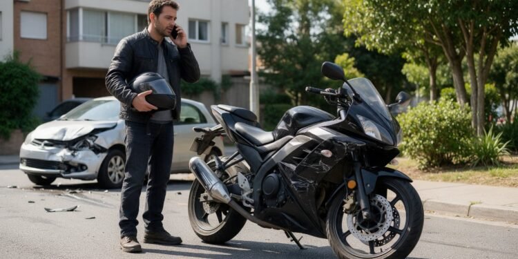 Motociclista ao telefone ao lado da moto após um acidente, acionando o seguro de moto