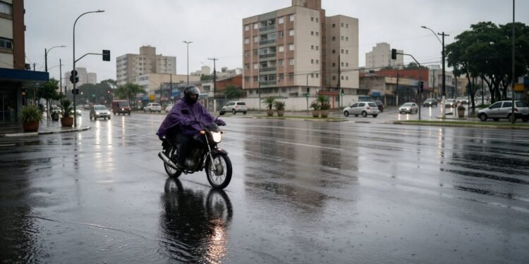Motociclista de capa de chuva em avenida molhada da cidade