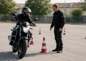 Iniciante em moto com instrutor e cones, como andar de moto para iniciantes