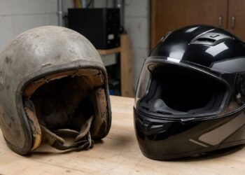 Capacete desgastado e capacete novo na bancada, vida útil do capacete