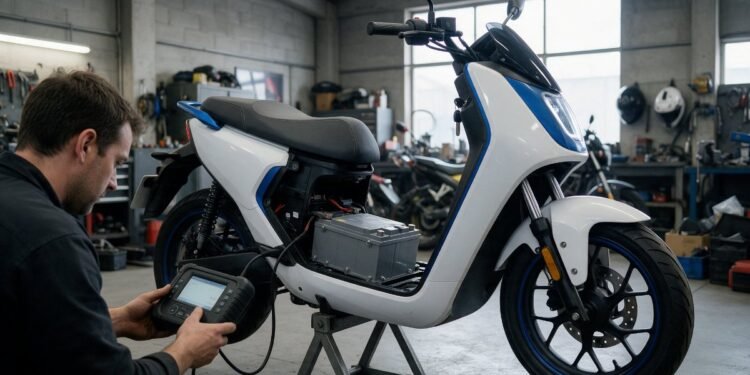 Técnico diagnosticando moto elétrica com a bateria exposta, como carregar moto elétrica