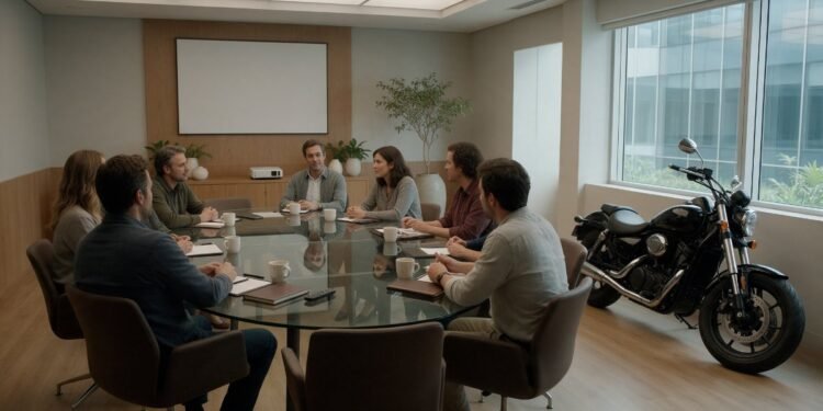 Grupo conversando em sala com moto exposta, como contratar consórcio de moto