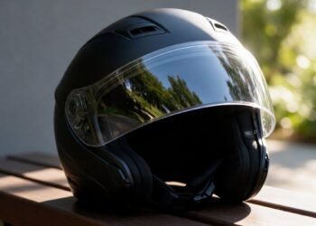 Capacete de moto fechado com viseira sobre um banco