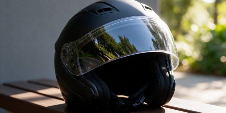 Capacete de moto fechado com viseira sobre um banco