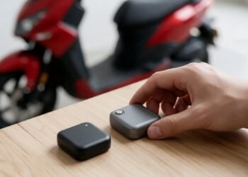 Mão escolhendo entre dois rastreadores com uma moto desfocada ao fundo