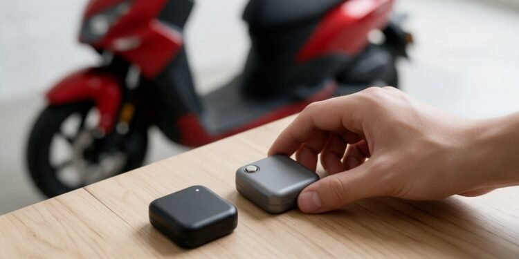 Mão escolhendo entre dois rastreadores com uma moto desfocada ao fundo