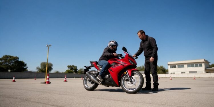 Iniciante e instrutor ao lado de moto vermelha, como fazer curva de moto