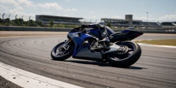 Moto de corrida azul inclinada em curva, como funciona a MotoGP