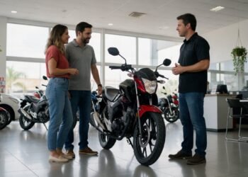 Casal conversando com um vendedor em uma concessionária de motos