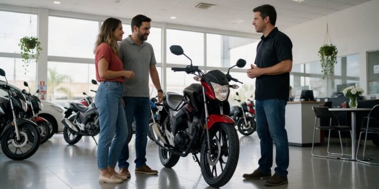 Casal conversando com um vendedor em uma concessionária de motos