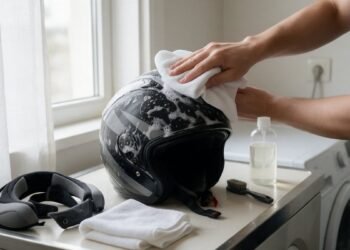 Pessoa higienizando a forração do capacete com pano, como higienizar capacete