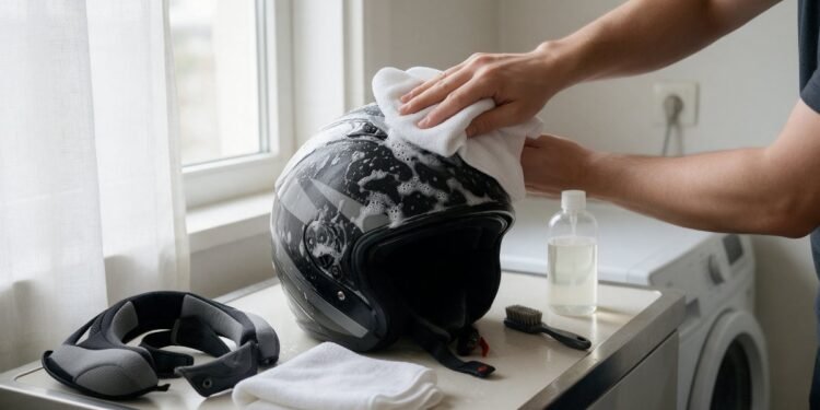 Pessoa higienizando a forração do capacete com pano, como higienizar capacete
