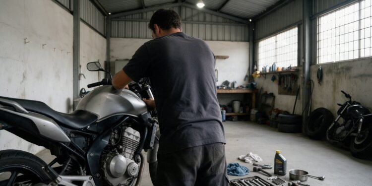 Pessoa cuidando da moto em garagem, como lavar a moto corretamente