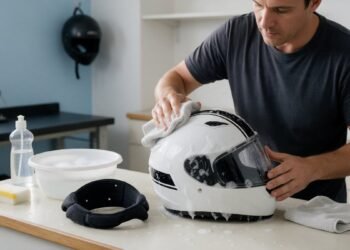 Homem lavando capacete branco com pano e água, como lavar o capacete de moto
