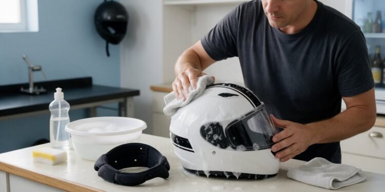 Homem lavando capacete branco com pano e água, como lavar o capacete de moto