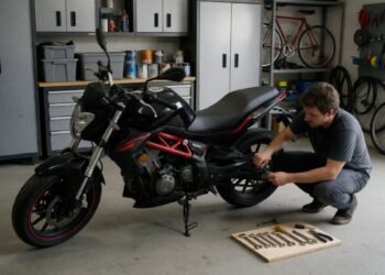 Pessoa fazendo manutenção em garagem, como limpar o filtro de ar da moto