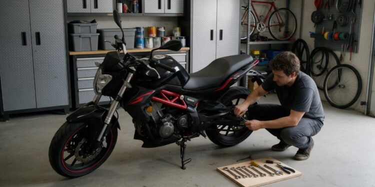Pessoa fazendo manutenção em garagem, como limpar o filtro de ar da moto