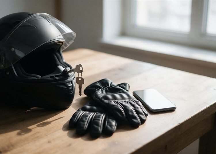 Capacete, luvas, chave e celular sobre a mesa de madeira, prontos para pagar documento da moto pela internet