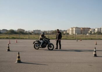 Iniciante pilotando em pátio com cones, como pilotar moto na cidade