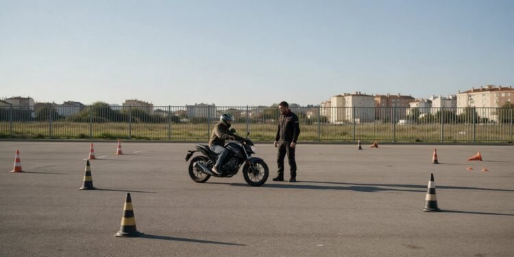 Iniciante pilotando em pátio com cones, como pilotar moto na cidade