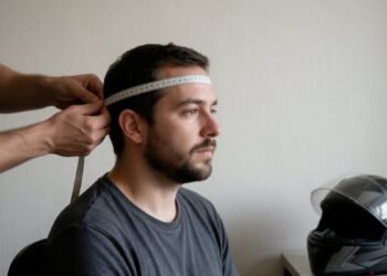 Homem sendo medido com fita métrica, capacete folgado ou apertado